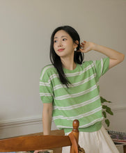 Load image into Gallery viewer, Linen Round Neck Striped Short-sleeved Knitted Top