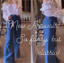 Load image into Gallery viewer, French Shoulder Strap Off-The-Shoulder Ruffle Front and Tie Ruffle Cuff Blouse