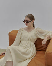 Load image into Gallery viewer, French Style V-Shaped Overlapping Collar Puff Sleeve Dress"
