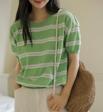Load image into Gallery viewer, Linen Round Neck Striped Short-sleeved Knitted Top
