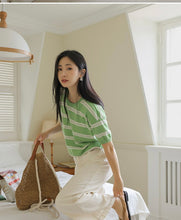 Load image into Gallery viewer, Linen Round Neck Striped Short-sleeved Knitted Top