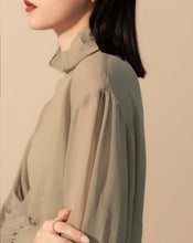 Load image into Gallery viewer, Sheer Higher Neckline Puff Sleeve Blouse
