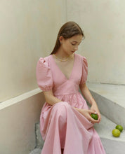 Load image into Gallery viewer, Deep V-Neck Cutout Back Lace-Up Cinch Waist Wide Belt Maxi Dress
