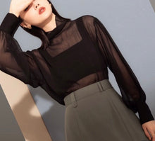 Load image into Gallery viewer, French Style Mock Neck Button Chiffon Blouse(w/Lining)
