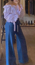 Load image into Gallery viewer, French Shoulder Strap Off-The-Shoulder Ruffle Front and Tie Ruffle Cuff Blouse
