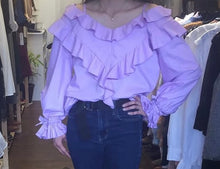 Load image into Gallery viewer, French Shoulder Strap Off-The-Shoulder Ruffle Front and Tie Ruffle Cuff Blouse
