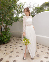 Load image into Gallery viewer, Wedding Lace Translucent Stitching Chiffon Pleated Slit Full Length Dress
